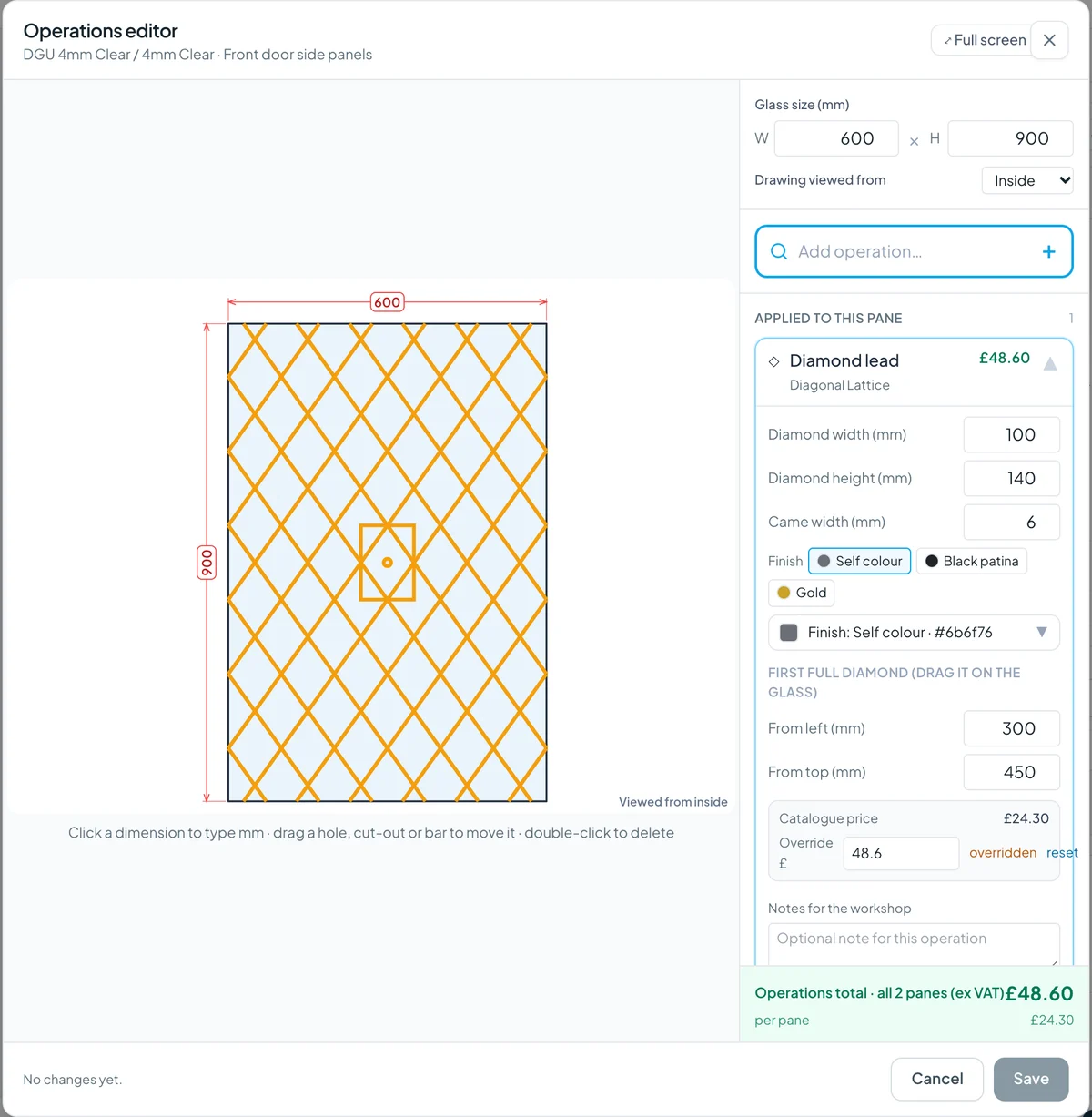The operations editor for a 600 × 900 mm double-glazed unit with diamond lead: 100 × 140 mm diamonds and 6 mm self-colour came