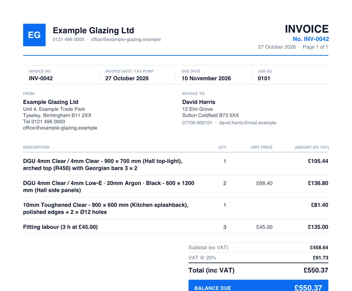 Invoice INV-0042 for David Harris’s job: an amount on every line, VAT at 20% and a balance due of £550.37