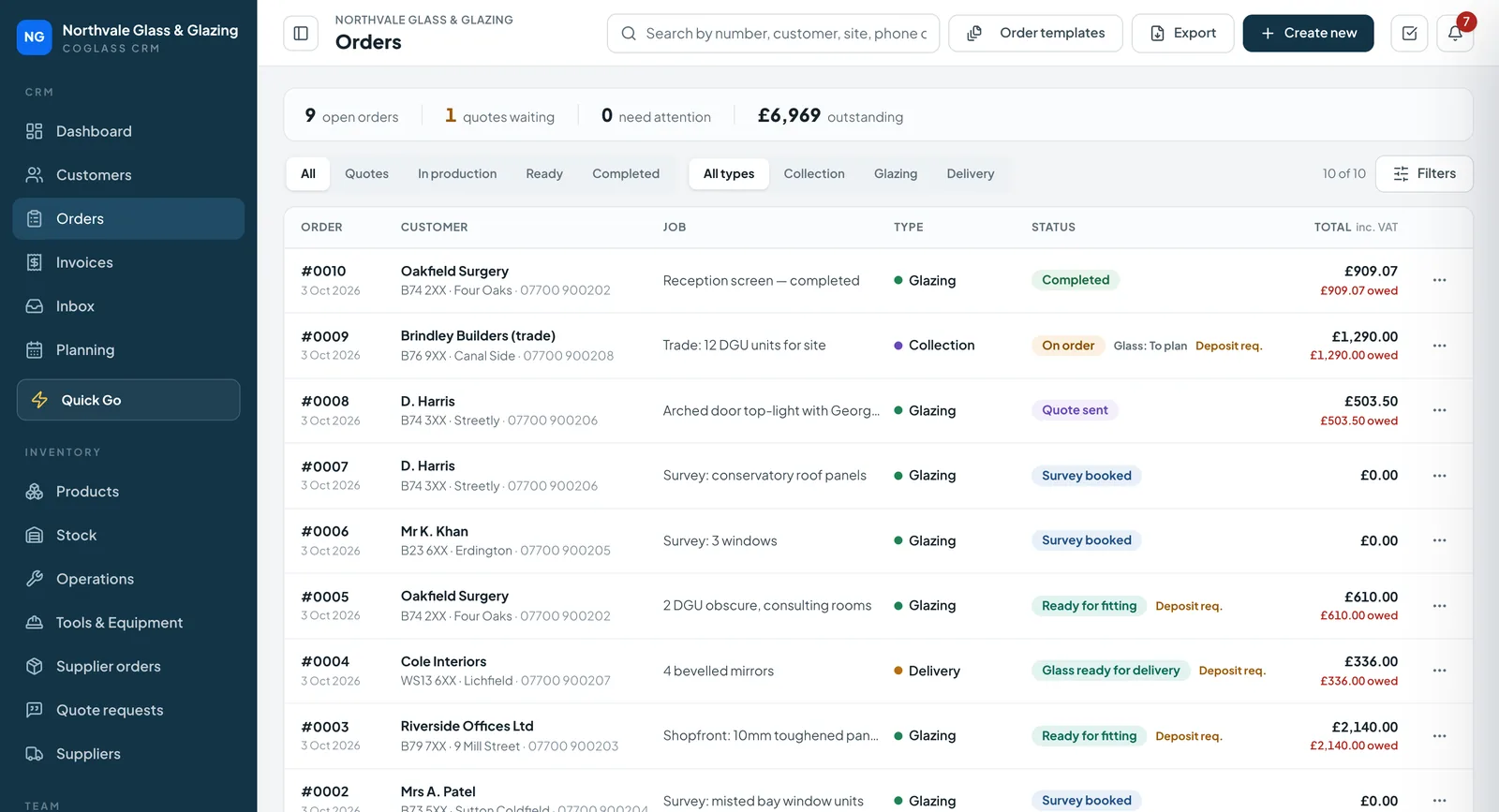 The Orders list with status, job type and amount owed for each job