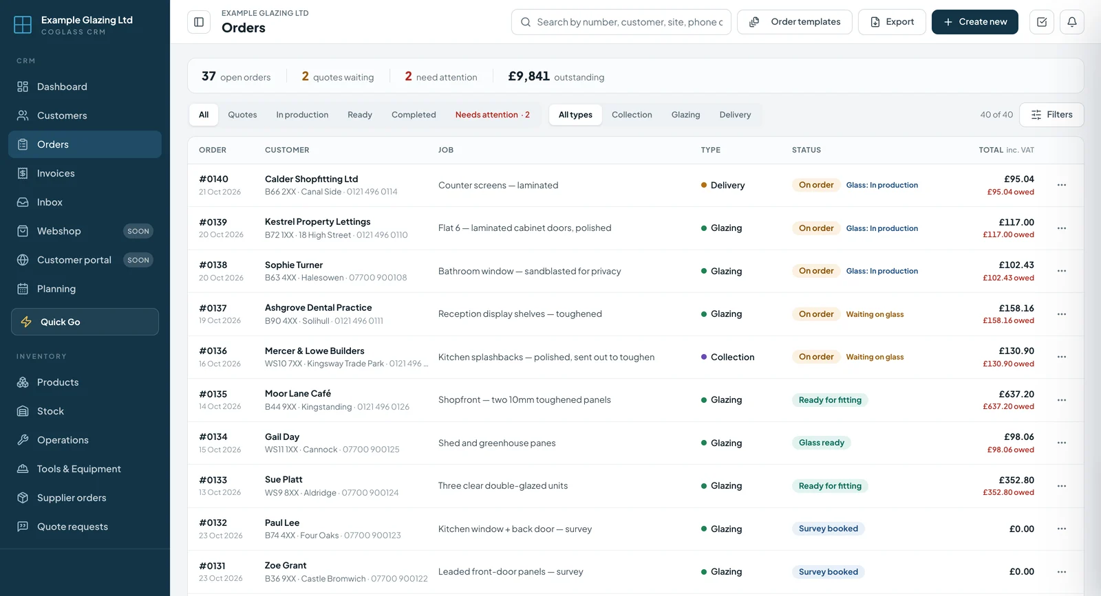 The Orders list: each job’s customer, job type, status, glass progress and amount owed, with a Needs attention tab