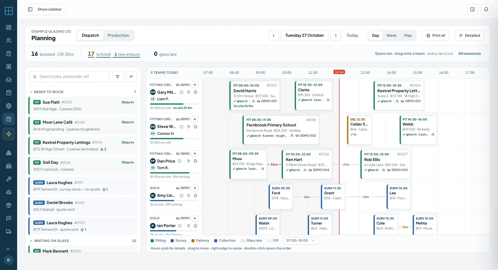 The Coglass planning board for a Tuesday: 16 visits — fittings, surveys and a delivery — booked across five teams, with the jobs ready to book listed on the left
