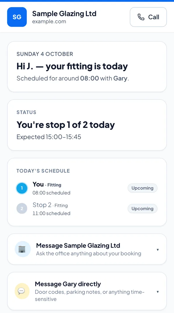 A customer tracking page on a phone: fitting today, stop 1 of 2, an expected arrival window and buttons to message the office or the fitter